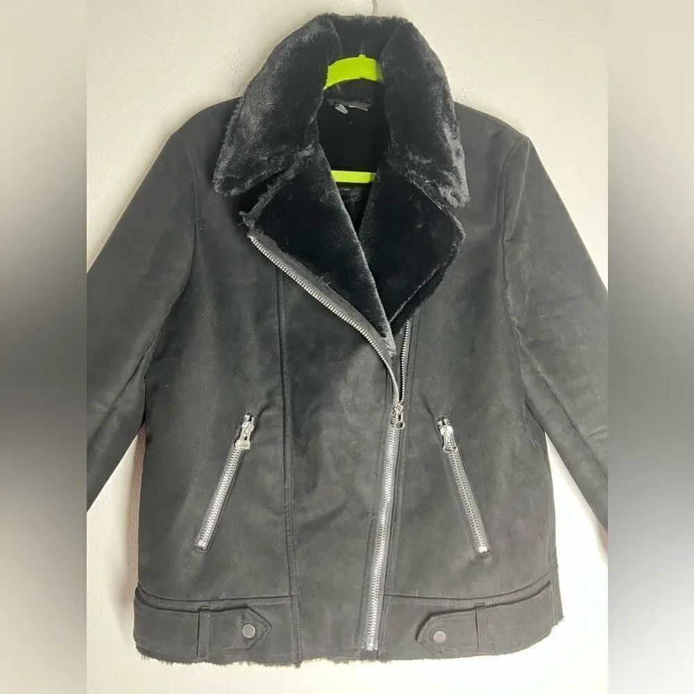 H&M Faux Fur-lined Biker Jacket Black Full Zip Aviator Size 8 - Picture 6 of 16